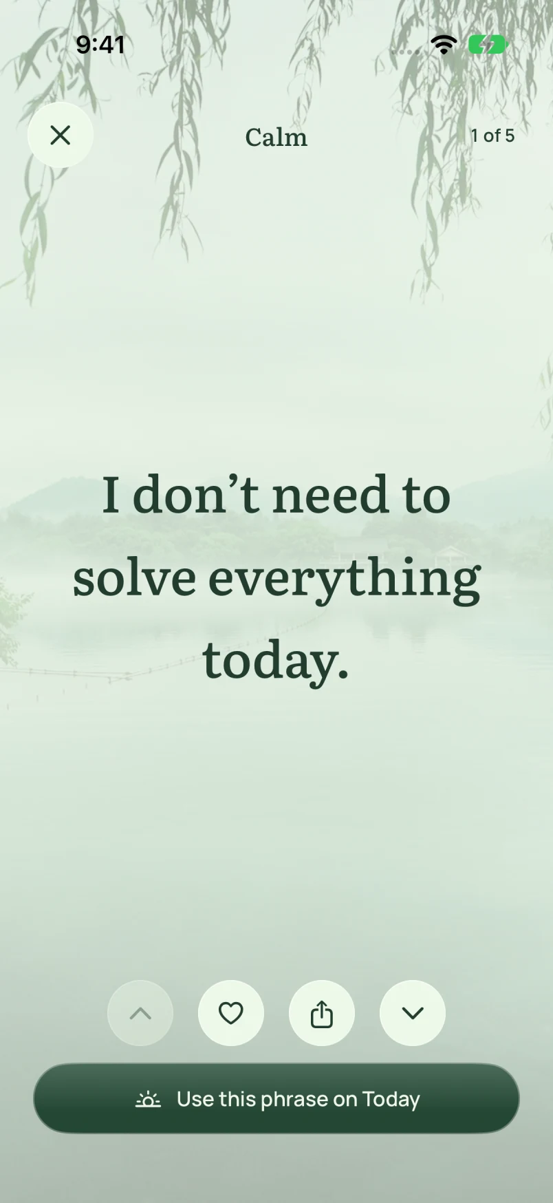 The Calm topic in the iPhone app, with a quiet lake photograph and the phrase ‘I don’t need to solve everything today.’