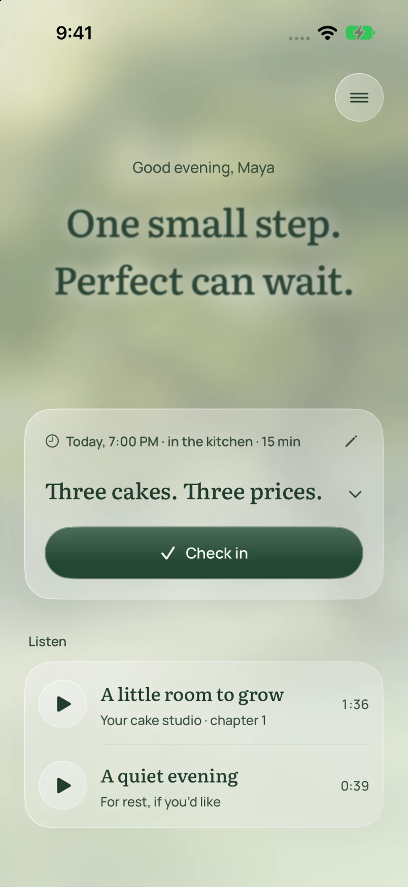 My Tomorrow’s Today screen: ‘One small step. Perfect can wait.’ A 15-minute step and a personal story to listen to.